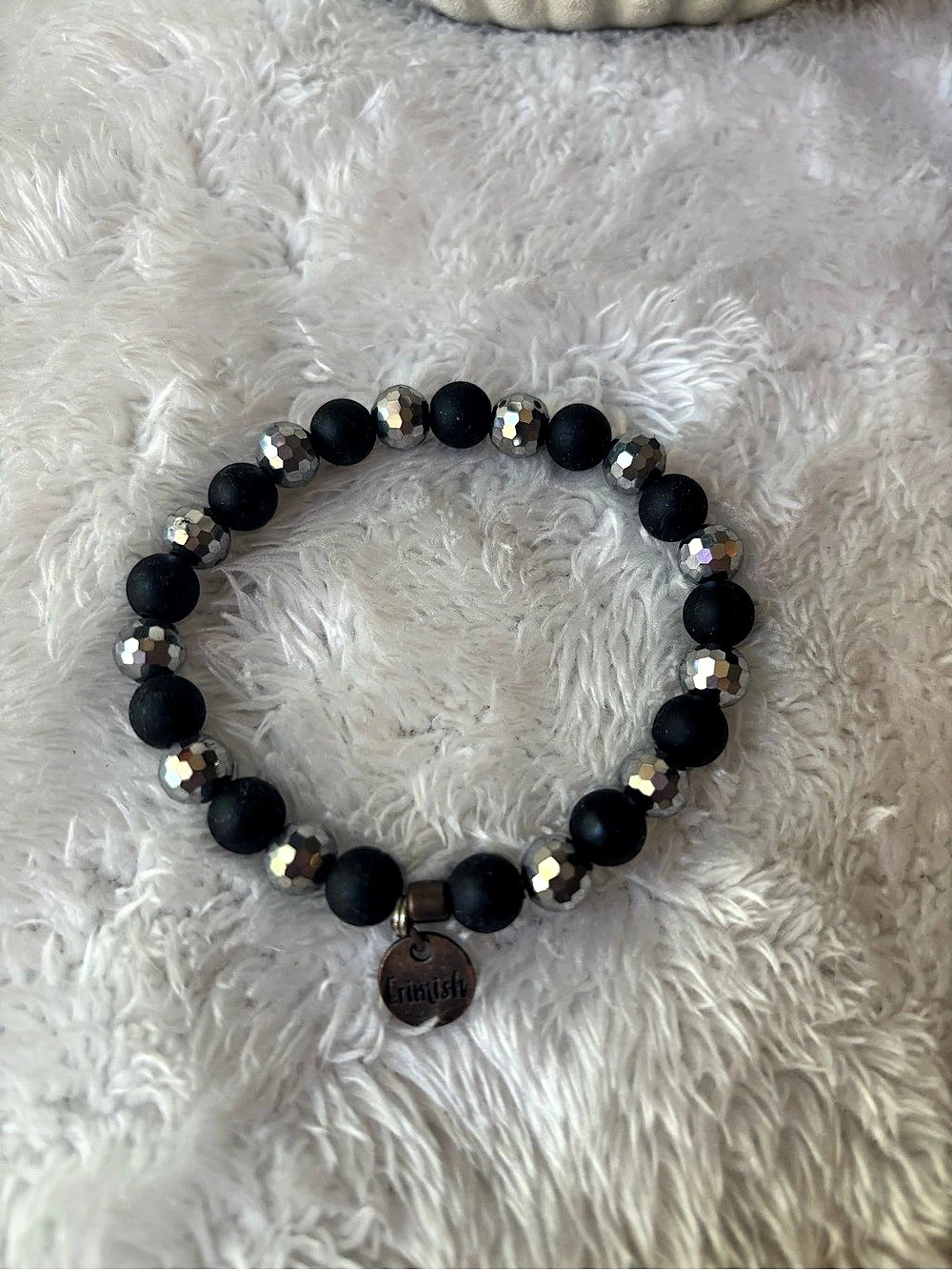 Erimish Beaded Stretch Bracelet with Charm Black & Silver